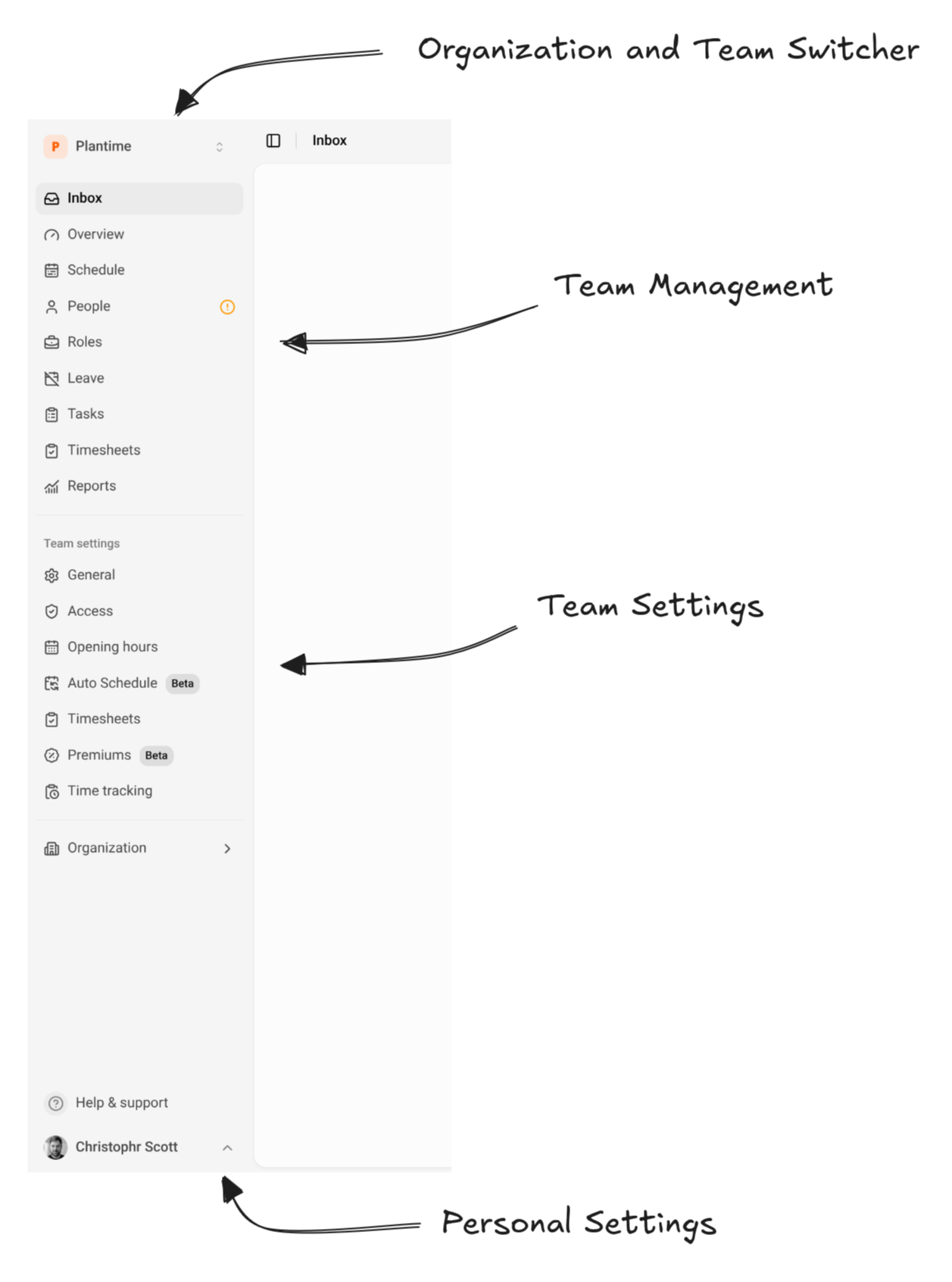 The reorganized sidebar: switcher at the top, team management, team settings, help and profile at the bottom